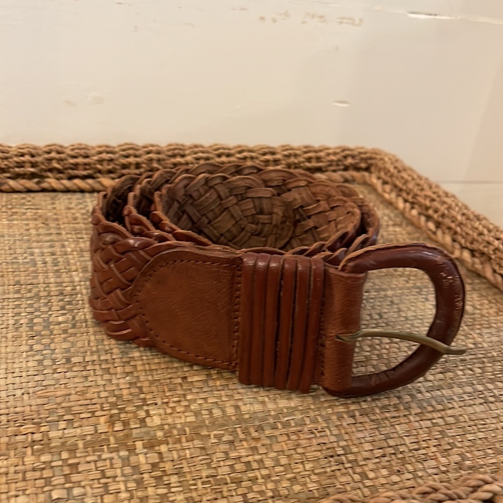 Vintage Chestnut Braided Wide Leather Belt, Size M